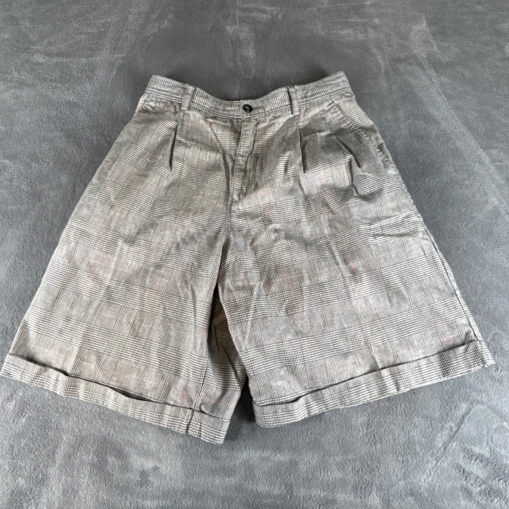 Vintage 90s Glen Plaid High Waisted Pleated Shorts Grey Pink Cuffed Academic